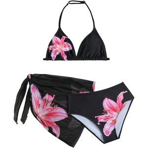 image:imageRoseSeek Girls 3 Piece Swimsuits Floral High Waisted Bikini Bathing Suit with Mesh Coverups SkirtBlack and Pink