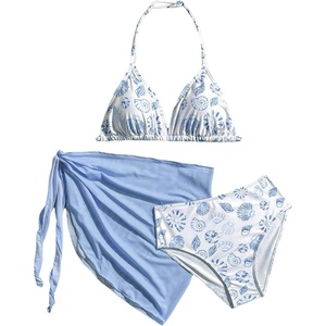 image:imageRoseSeek Girls 3 Piece Swimsuits Floral High Waisted Bikini Bathing Suit with Mesh Coverups SkirtBlue White