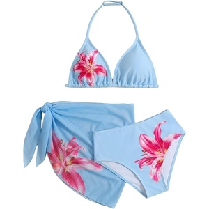 image:imageRoseSeek Girls 3 Piece Swimsuits Floral High Waisted Bikini Bathing Suit with Mesh Coverups SkirtBlue and Pink