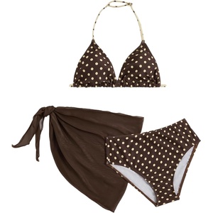 image:imageRoseSeek Girls 3 Piece Swimsuits Floral High Waisted Bikini Bathing Suit with Mesh Coverups SkirtDots Brown