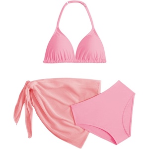 image:imageRoseSeek Girls 3 Piece Swimsuits Floral High Waisted Bikini Bathing Suit with Mesh Coverups SkirtDusty Pink