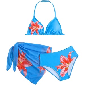 image:imageRoseSeek Girls 3 Piece Swimsuits Floral High Waisted Bikini Bathing Suit with Mesh Coverups SkirtFloral Blue