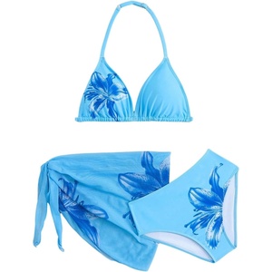 image:imageRoseSeek Girls 3 Piece Swimsuits Floral High Waisted Bikini Bathing Suit with Mesh Coverups SkirtMulticolor Blue