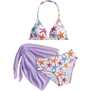 image:imageRoseSeek Girls 3 Piece Swimsuits Floral High Waisted Bikini Bathing Suit with Mesh Coverups SkirtMulticolor Purple