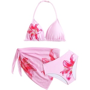 image:imageRoseSeek Girls 3 Piece Swimsuits Floral High Waisted Bikini Bathing Suit with Mesh Coverups SkirtPink