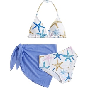 image:imageRoseSeek Girls 3 Piece Swimsuits Floral High Waisted Bikini Bathing Suit with Mesh Coverups SkirtStarfish Blue