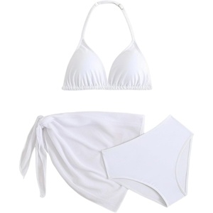 image:imageRoseSeek Girls 3 Piece Swimsuits Floral High Waisted Bikini Bathing Suit with Mesh Coverups SkirtWhite and Khaki