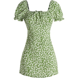 image:imageRoseSeek Girls Boho Summer Dress Floral Short Sleeve Square Neck Cute A Line Mini Short Spring DressesGreen