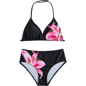 image:imageRoseSeek Girls Floral Halter Swimsuit High Waisted Triangle Boho 2 Piece Bikini Bathing Suit SwimwearBlack