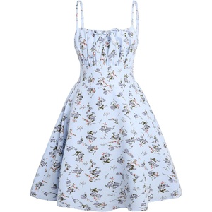 image:imageRoseSeek Girls Floral Print Summer Dress Bowknot Ruched Bust A Line Cami Dress High Waist Ruffle Hem Cute Sun DressesBlue White