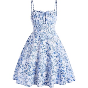 image:imageRoseSeek Girls Floral Print Summer Dress Bowknot Ruched Bust A Line Cami Dress High Waist Ruffle Hem Cute Sun DressesBlue and White