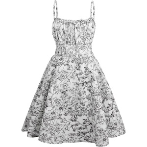 image:imageRoseSeek Girls Floral Print Summer Dress Bowknot Ruched Bust A Line Cami Dress High Waist Ruffle Hem Cute Sun DressesWhite Black Floral
