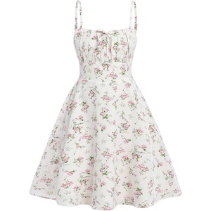 image:imageRoseSeek Girls Floral Print Summer Dress Bowknot Ruched Bust A Line Cami Dress High Waist Ruffle Hem Cute Sun DressesWhite and Pink