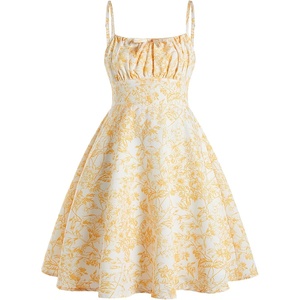 image:imageRoseSeek Girls Floral Print Summer Dress Bowknot Ruched Bust A Line Cami Dress High Waist Ruffle Hem Cute Sun DressesYellow