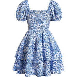 image:imageRoseSeek Girls Floral Summer Dress Layer Ruffle Sweetheart Neck Short Puff Sleeve A Line Casual DressBlue and White