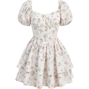 image:imageRoseSeek Girls Floral Summer Dress Layer Ruffle Sweetheart Neck Short Puff Sleeve A Line Casual DressMulticolor Pink