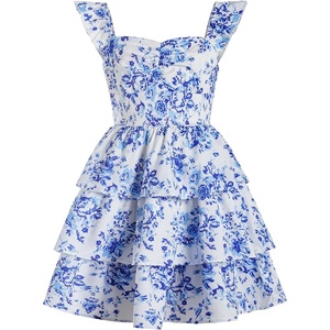 image:imageRoseSeek Girls Floral Summer Dress Ruffle Shirred High Waist Ruched Sweetheart A Line Spring DressBlue White Floral