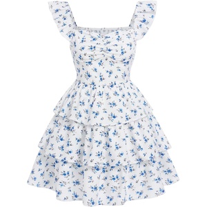 image:imageRoseSeek Girls Floral Summer Dress Ruffle Shirred High Waist Ruched Sweetheart A Line Spring DressBlue and White