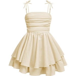 image:imageRoseSeek Girls Flowy Cami Dress Ruched Sleeveless Pink Layered Ruffle Kawaii Short Smocked Summer DressesBeige