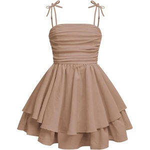 image:imageRoseSeek Girls Flowy Cami Dress Ruched Sleeveless Pink Layered Ruffle Kawaii Short Smocked Summer DressesKhaki
