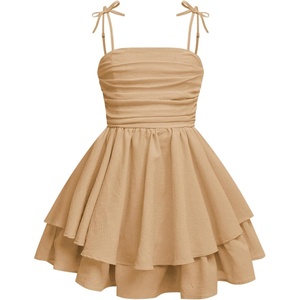 image:imageRoseSeek Girls Flowy Cami Dress Ruched Sleeveless Pink Layered Ruffle Kawaii Short Smocked Summer DressesLight Brown