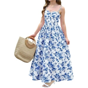 image:imageRoseSeek Girls Flowy Floral Midi Dresses Smocked Cami Sundress Beach Vacation Summer DressDeep Blue and White