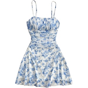 image:imageRoseSeek Girls Formal Cute Dresses Floral Mesh Ruched Mini Dress Spaghetti Strap Vacation Summer DressesBlue and White
