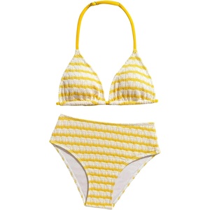 image:imageRoseSeek Girls Tie Dye Smocked 2 Piece Swimwear Sets Backless Halter Bikini Cute Brief Bathing SuitStriped Yellow and White
