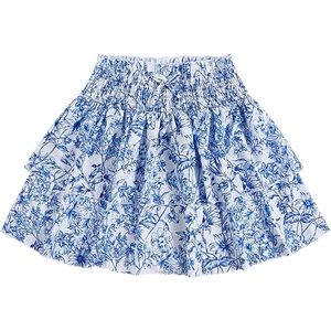 image:imageRoseSeek Girls Tiered Layer Shirred Boho Smocked Skirts Casual Cute High Waisted Pleated Ruffle Flowy Elastic SkirtsBlue and White
