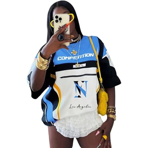 image:imageRoseSeek Jersey Shirts for Women Graphic Color Block Racing T Shirt Short Sleeve Crewneck Football Jerseys TShirtBlue and White
