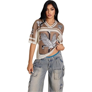 image:imageRoseSeek Jersey Shirts for Women Number Graphic Print Mesh Color Block V Neck Short Sleeve Football Jerseys TShirtApricot Brown