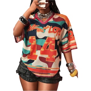 image:imageRoseSeek Jersey Shirts for Women Number Graphic Print Mesh Color Block V Neck Short Sleeve Football Jerseys TShirtGraphic Orange