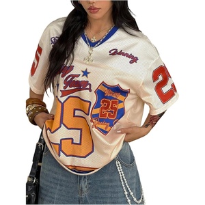 image:imageRoseSeek Jersey Shirts for Women Number Graphic Print Mesh Color Block V Neck Short Sleeve Football Jerseys TShirtMulticolor Beige