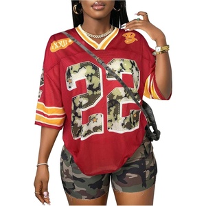 image:imageRoseSeek Jersey Shirts for Women Number Graphic Print Mesh Color Block V Neck Short Sleeve Football Jerseys TShirtRed and Camo
