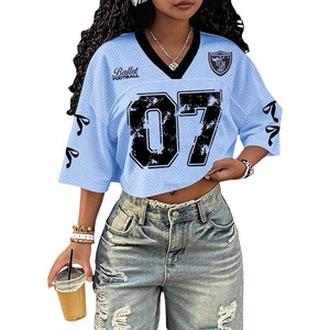 image:imageRoseSeek Jersey Shirts for Women Number Print V Neck Mesh Cropped Jersey Y2k Oversized Tshirts StreetwearBlue Black