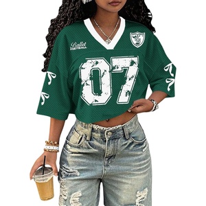 image:imageRoseSeek Jersey Shirts for Women Number Print V Neck Mesh Cropped Jersey Y2k Oversized Tshirts StreetwearGreen