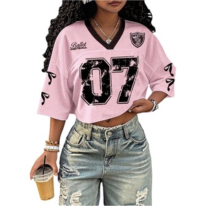 image:imageRoseSeek Jersey Shirts for Women Number Print V Neck Mesh Cropped Jersey Y2k Oversized Tshirts StreetwearPink