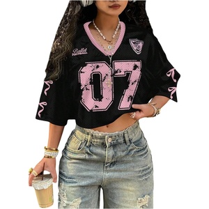 image:imageRoseSeek Jersey Shirts for Women Number Print V Neck Mesh Cropped Jersey Y2k Oversized Tshirts StreetwearPink and Black