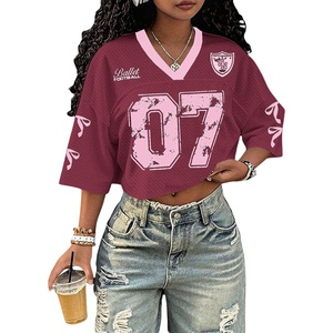 image:imageRoseSeek Jersey Shirts for Women Number Print V Neck Mesh Cropped Jersey Y2k Oversized Tshirts StreetwearRed Pink