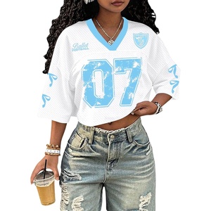image:imageRoseSeek Jersey Shirts for Women Number Print V Neck Mesh Cropped Jersey Y2k Oversized Tshirts StreetwearWhite Blue