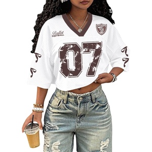 image:imageRoseSeek Jersey Shirts for Women Number Print V Neck Mesh Cropped Jersey Y2k Oversized Tshirts StreetwearWhite Brown
