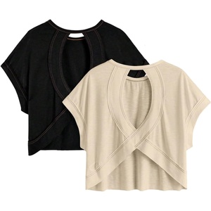 image:imageRoseSeek Womens 2 Packs Open Back Tops Criss Cross Cut Out Summer Casual T Shirt Crewneck Short Sleeve Backless TeeBeige Black
