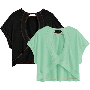 image:imageRoseSeek Womens 2 Packs Open Back Tops Criss Cross Cut Out Summer Casual T Shirt Crewneck Short Sleeve Backless TeeBlack and Light Green