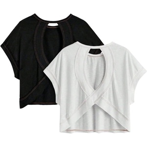 image:imageRoseSeek Womens 2 Packs Open Back Tops Criss Cross Cut Out Summer Casual T Shirt Crewneck Short Sleeve Backless TeeBlack and White
