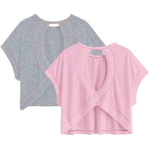 image:imageRoseSeek Womens 2 Packs Open Back Tops Criss Cross Cut Out Summer Casual T Shirt Crewneck Short Sleeve Backless TeeGrey and Pinkpink