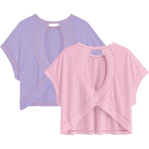 image:imageRoseSeek Womens 2 Packs Open Back Tops Criss Cross Cut Out Summer Casual T Shirt Crewneck Short Sleeve Backless TeeLight Pink and Purple