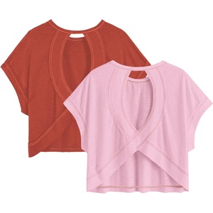 image:imageRoseSeek Womens 2 Packs Open Back Tops Criss Cross Cut Out Summer Casual T Shirt Crewneck Short Sleeve Backless TeeRed and Pink