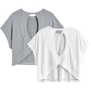 image:imageRoseSeek Womens 2 Packs Open Back Tops Criss Cross Cut Out Summer Casual T Shirt Crewneck Short Sleeve Backless TeeWhite and Grey