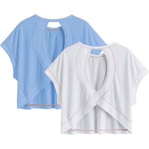 image:imageRoseSeek Womens 2 Packs Open Back Tops Criss Cross Cut Out Summer Casual T Shirt Crewneck Short Sleeve Backless TeeWhite and Light Blue
