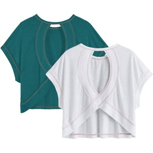 image:imageRoseSeek Womens 2 Packs Open Back Tops Criss Cross Cut Out Summer Casual T Shirt Crewneck Short Sleeve Backless TeeWhite and Water Blue